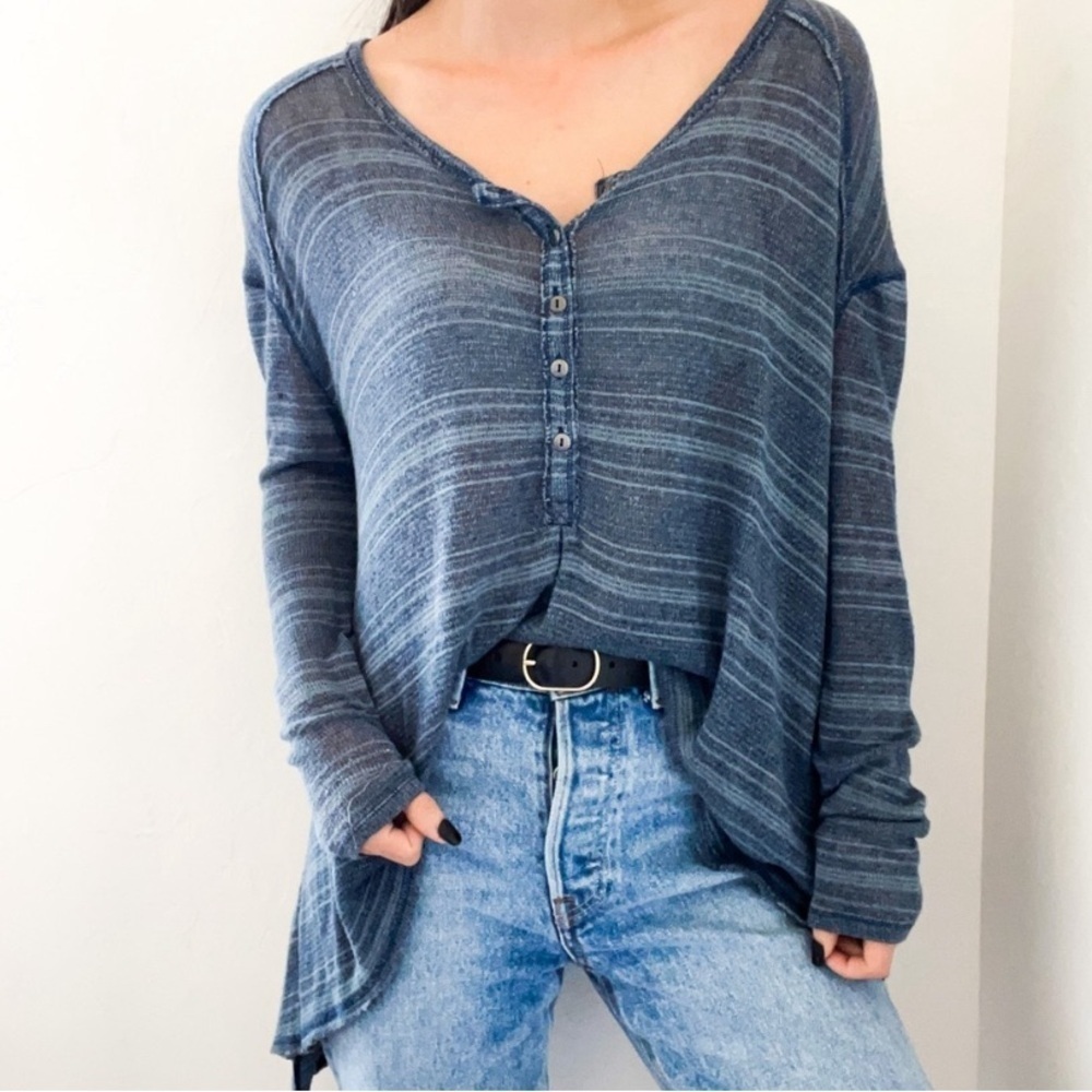 Free People We The Free Slinky Hacci Henley Blue Striped Button Top Knit Sweater - Picture 1 of 7